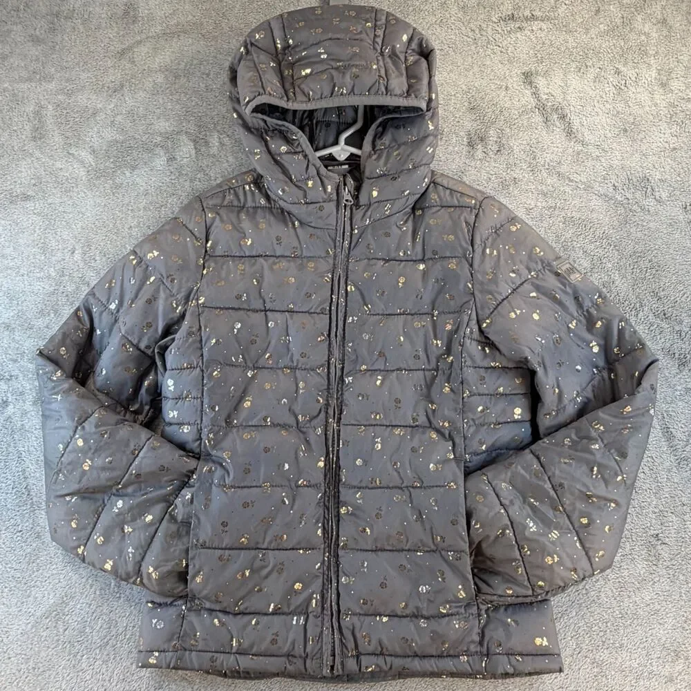GAP Kids Girls Puffer Jacket Hooded Gray Gold Floral Quilted XL 12 13
